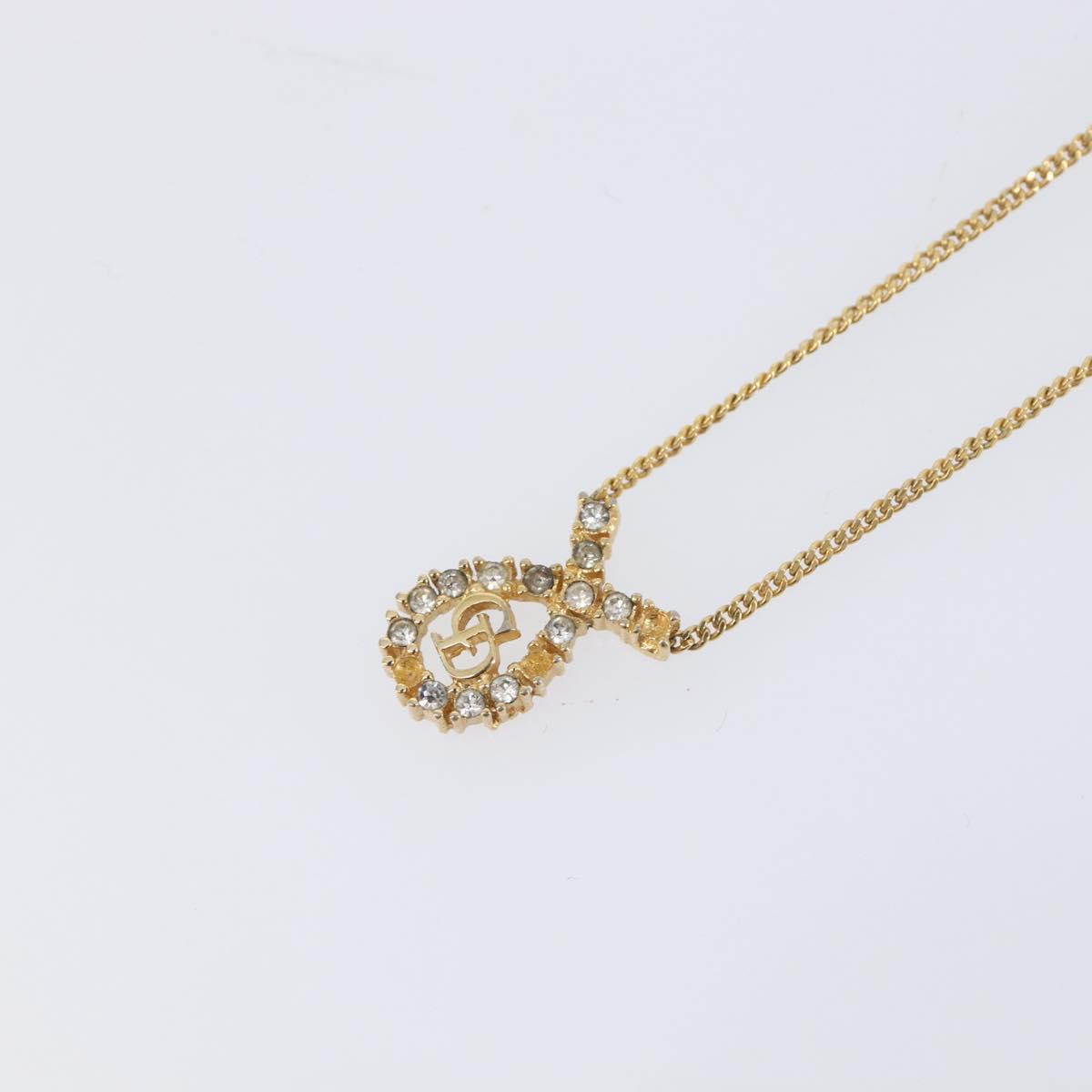 Christian Dior CD Logo Rhinestone Circle Necklace Metal Gold Tone Auth SK161