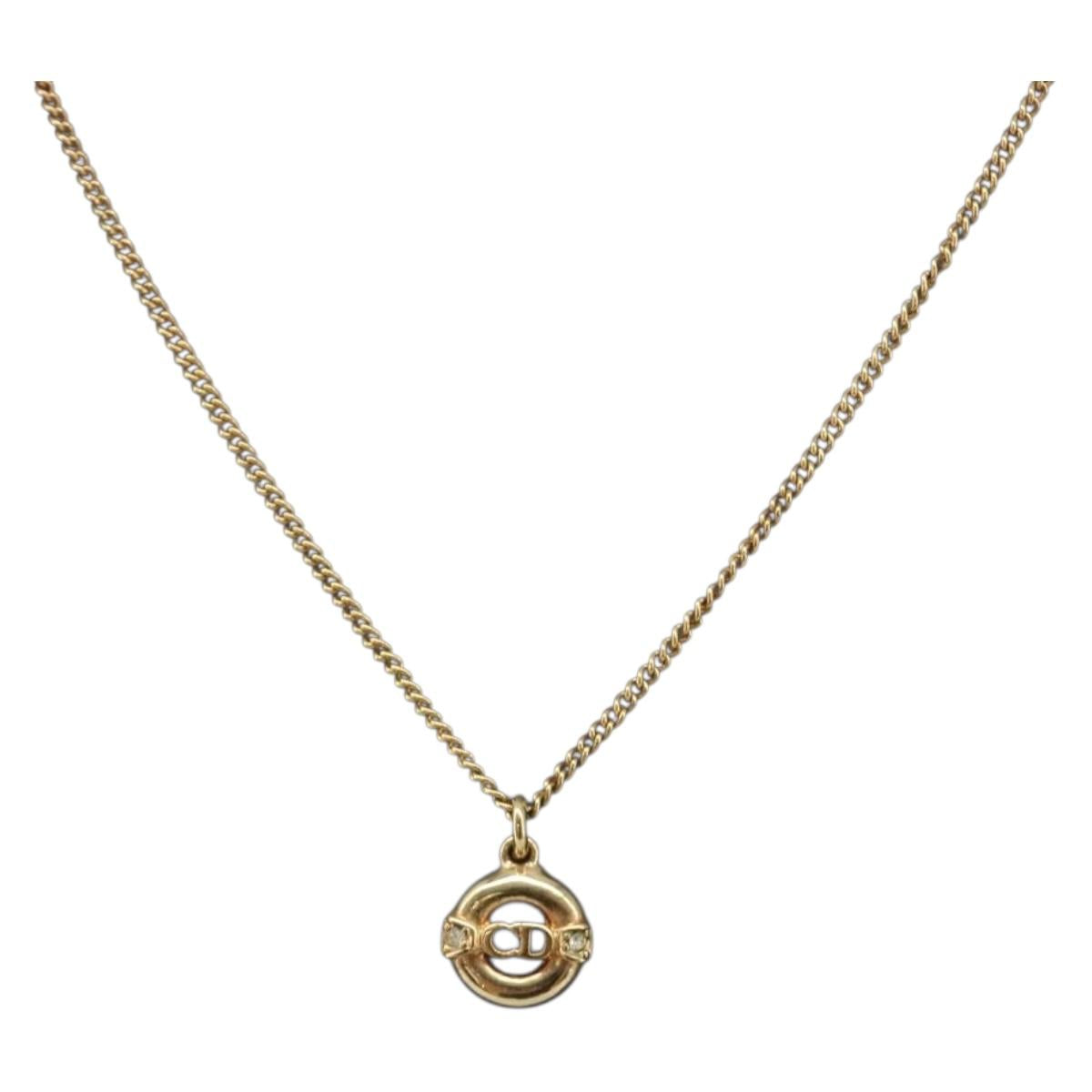 Christian Dior CD Logo Circle 2P Stone Necklace Metal Gold Tone Auth SK162