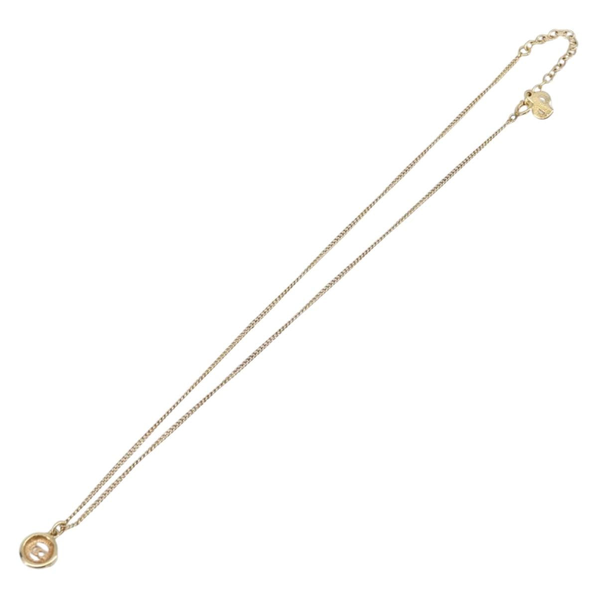 Christian Dior CD Logo Circle 2P Stone Necklace Metal Gold Tone Auth SK162