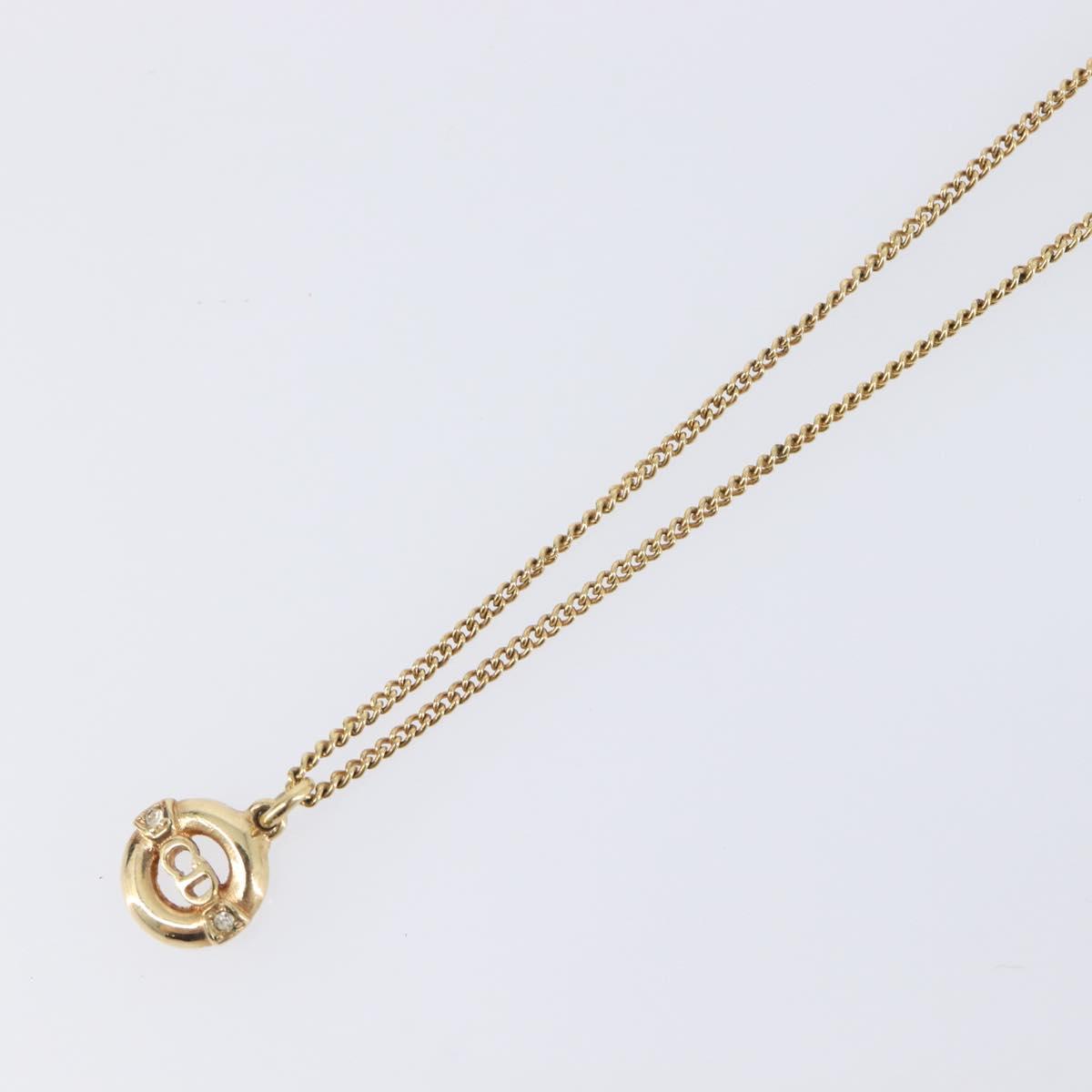 Christian Dior CD Logo Circle 2P Stone Necklace Metal Gold Tone Auth SK162