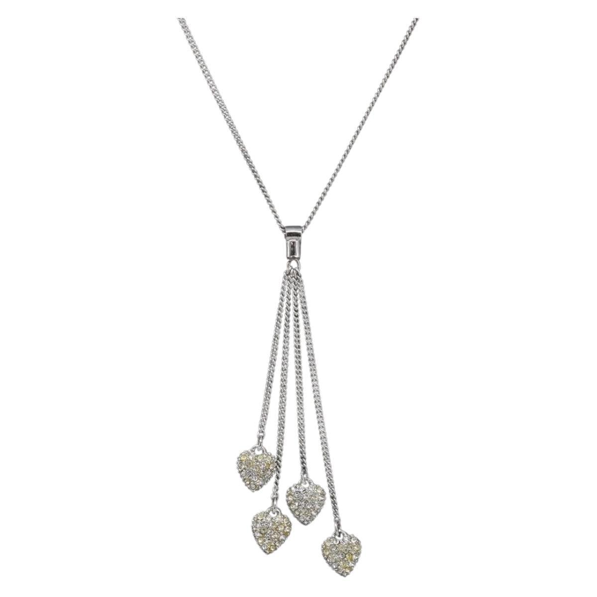 Christian Dior Rhinestone Heart Necklace Metal Silver Auth SK163
