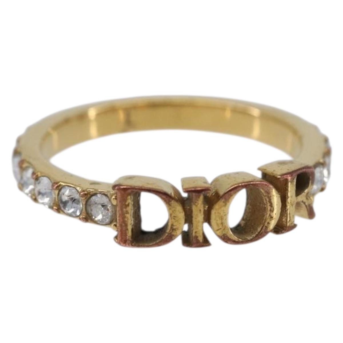 Christian Dior Logo rhinestone Ring Metal Gold Tone Auth SK180