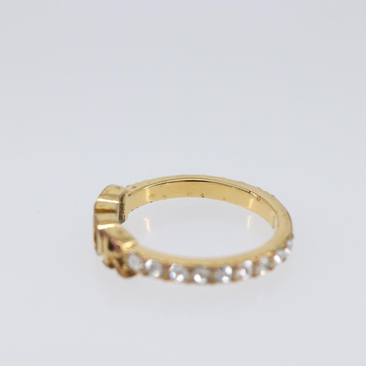 Christian Dior Logo rhinestone Ring Metal Gold Tone Auth SK180