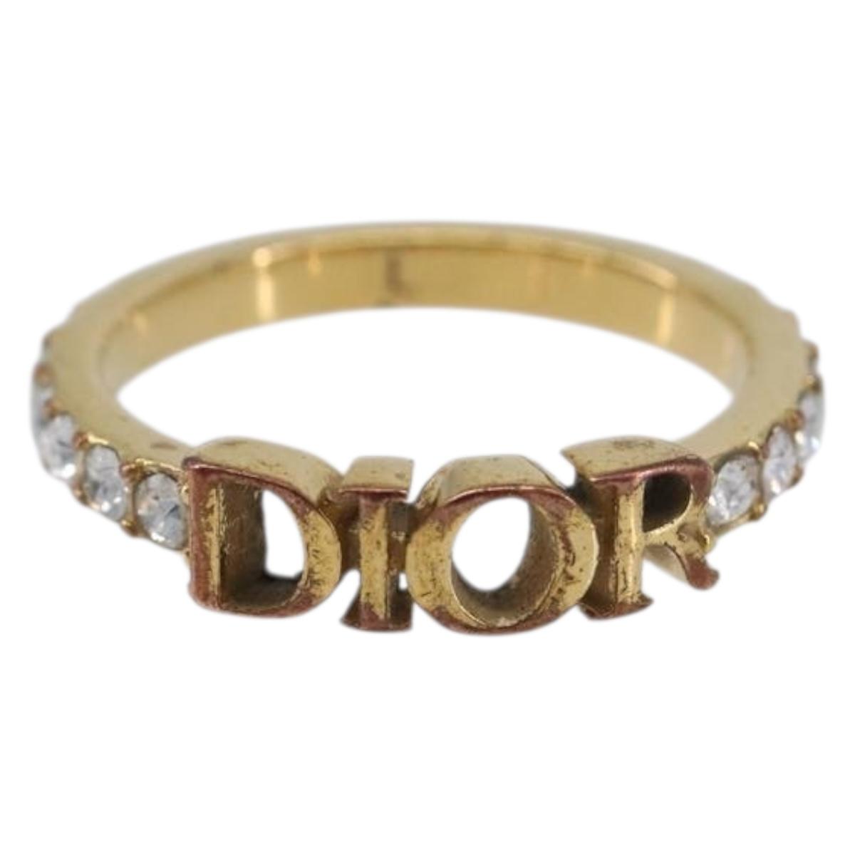Christian Dior Logo rhinestone Ring Metal Gold Tone Auth SK180