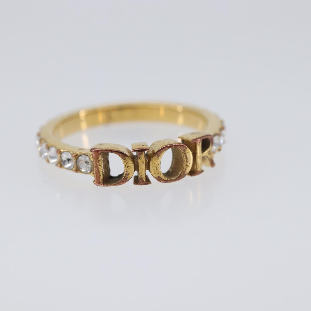 Christian Dior Logo rhinestone Ring Metal Gold Tone Auth SK180