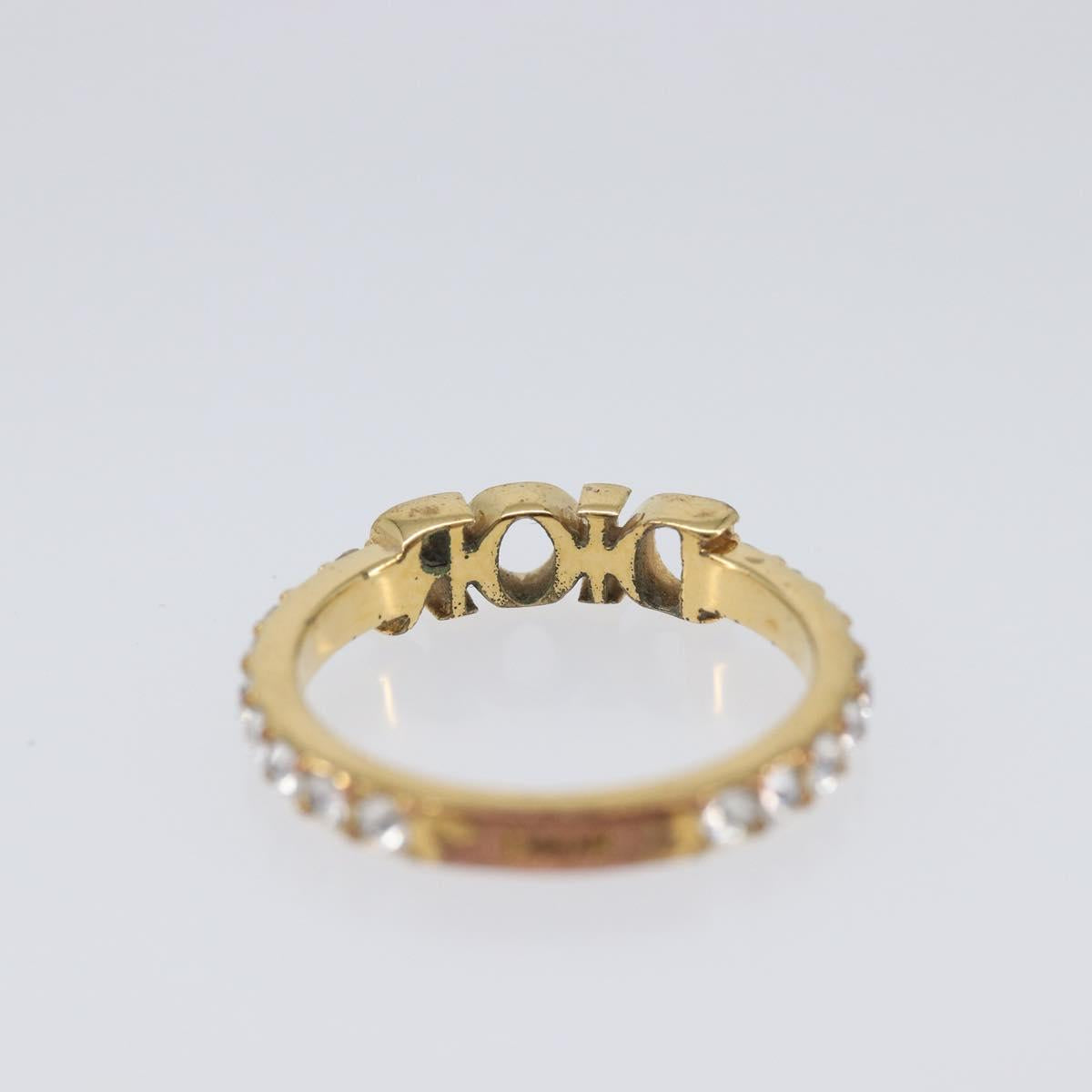 Christian Dior Logo rhinestone Ring Metal Gold Tone Auth SK180