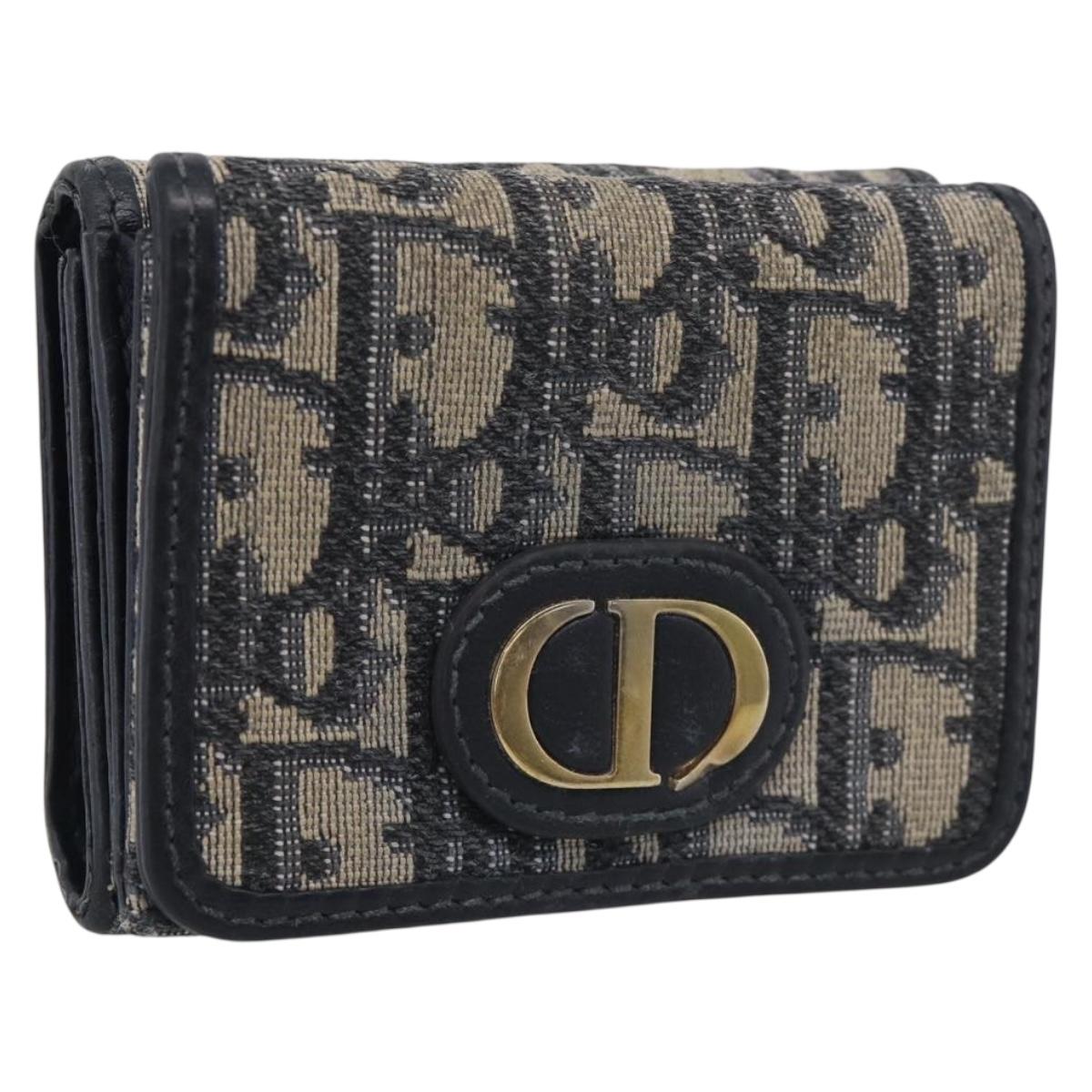 Christian Dior Trotter Canvas Trifold Wallet Navy Gold Auth SK269