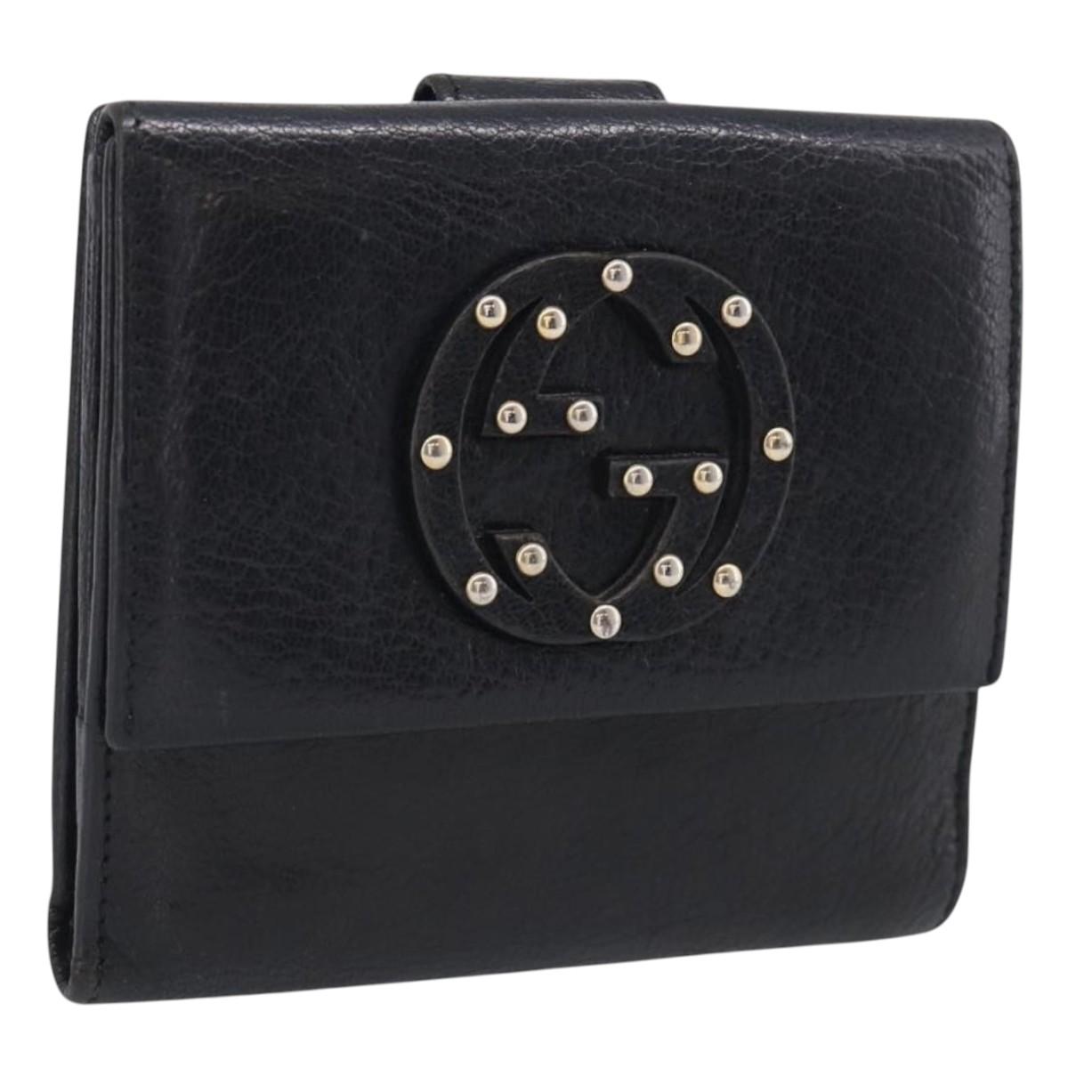 GUCCI Interlocking G Studs Bifold Wallet Leather Black Gold Auth SK274