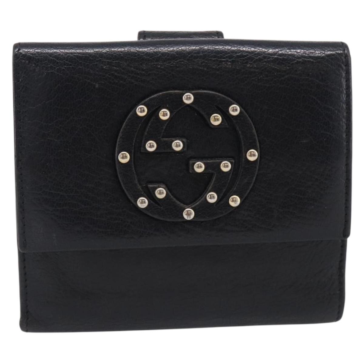 GUCCI Interlocking G Studs Bifold Wallet Leather Black Gold Auth SK274
