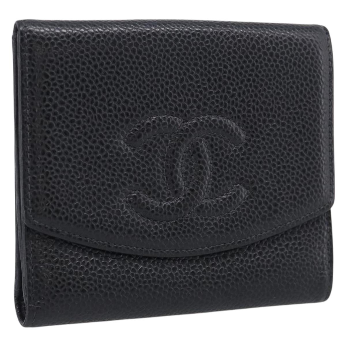CHANEL Bifold Wallet Caviar Skin Black Gold CC Auth SK286