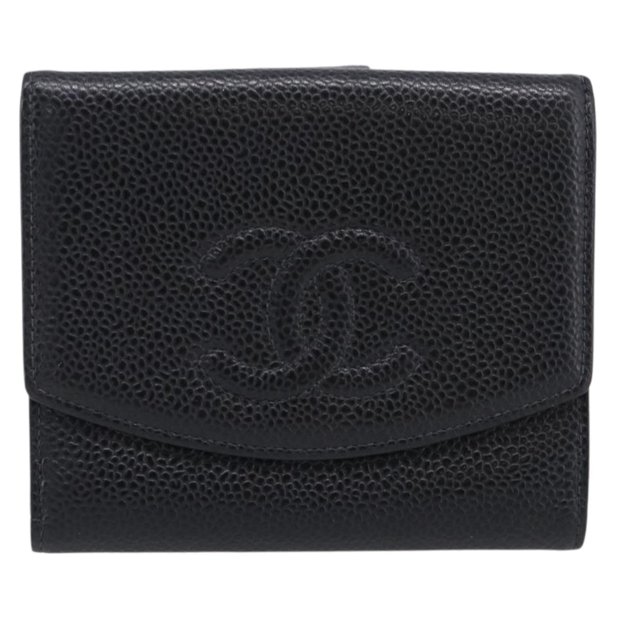 CHANEL Bifold Wallet Caviar Skin Black Gold CC Auth SK286