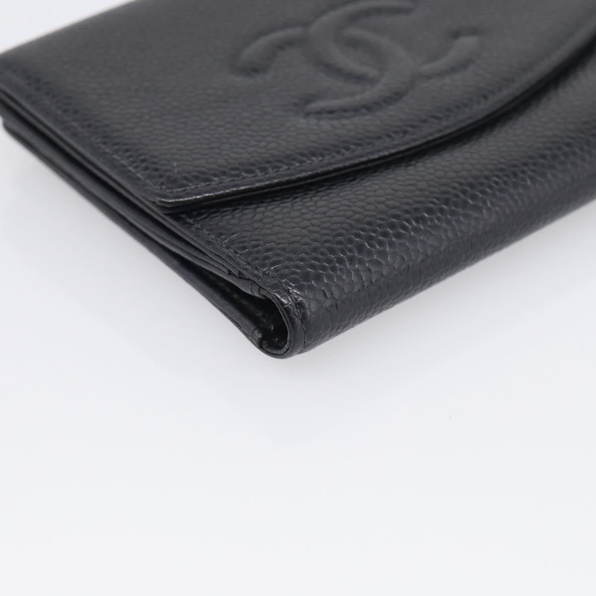 CHANEL Bifold Wallet Caviar Skin Black Gold CC Auth SK286