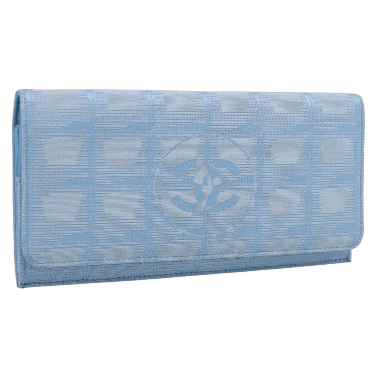 CHANEL New Travel line Long Wallet Nylon Light Blue Silver CC Auth SK325