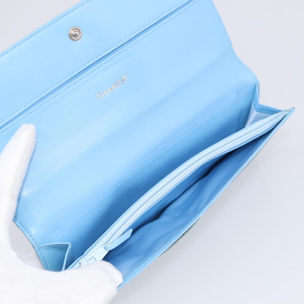 CHANEL New Travel line Long Wallet Nylon Light Blue Silver CC Auth SK325