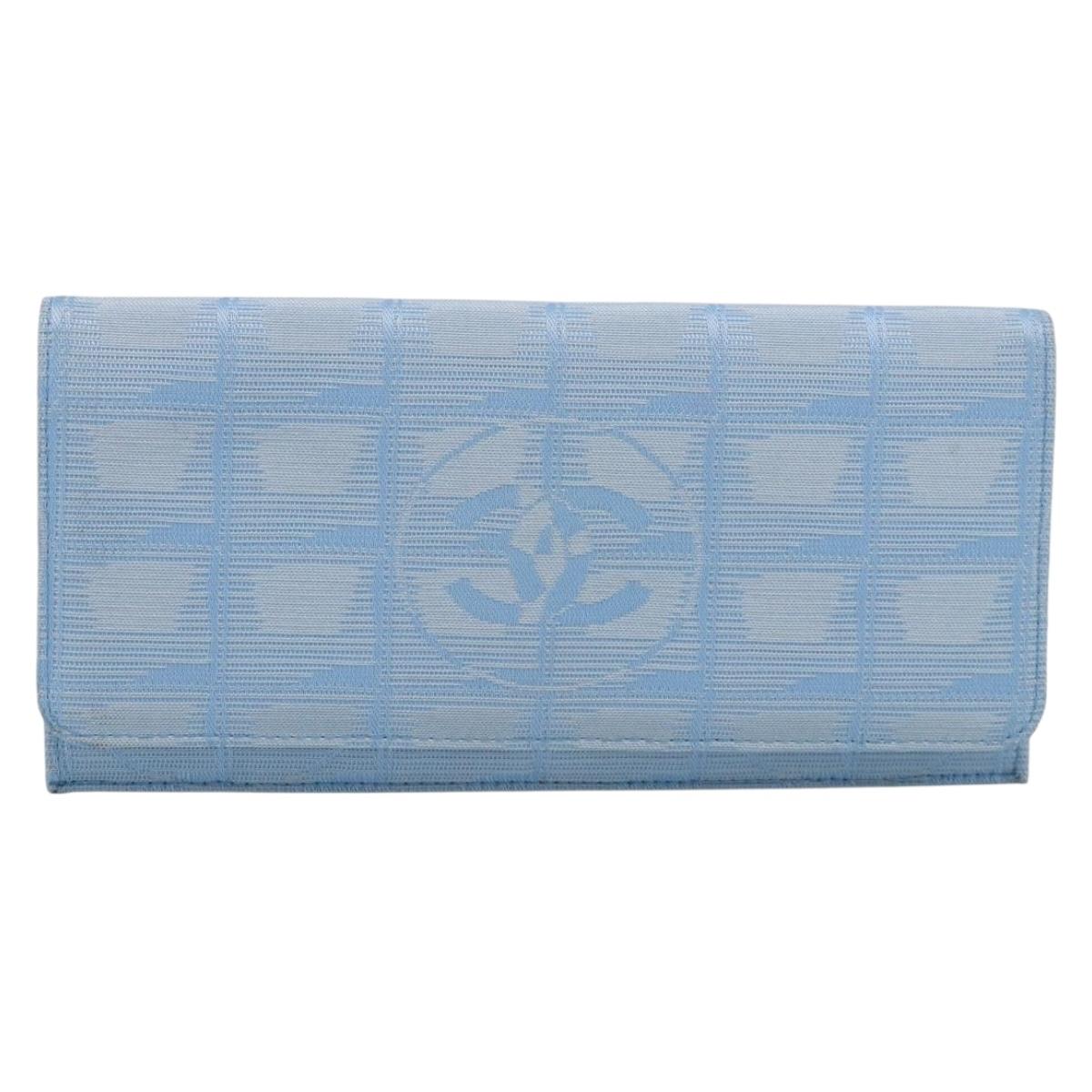CHANEL New Travel line Long Wallet Nylon Light Blue Silver CC Auth SK325