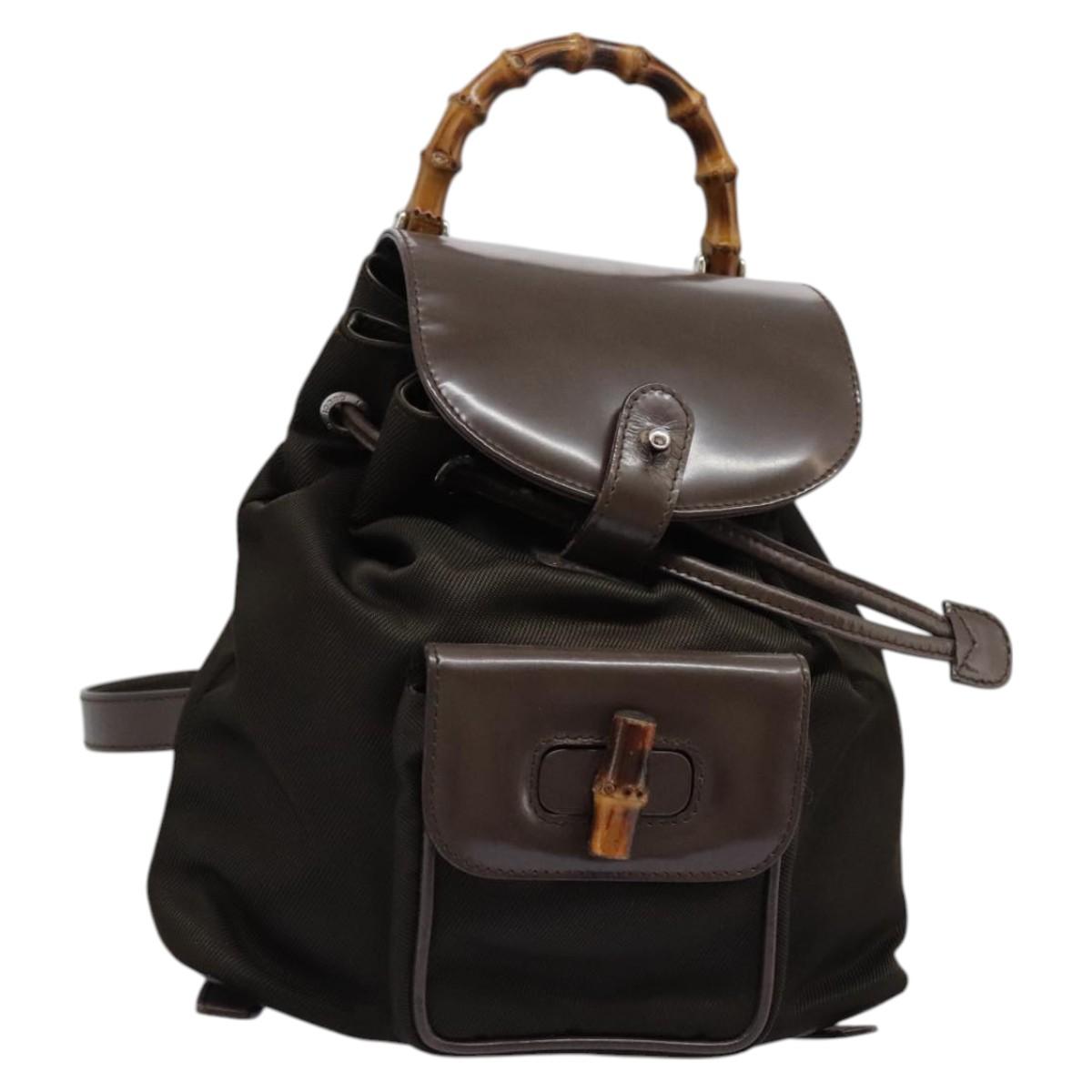 GUCCI Bamboo Backpack Nylon Brown Silver 003 1998 0030 Auth sw096