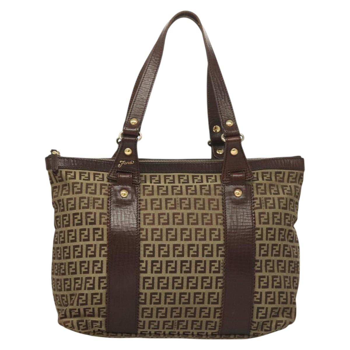 FENDI Zucchino Canvas Tote Bag Brown Gold Auth SW1006