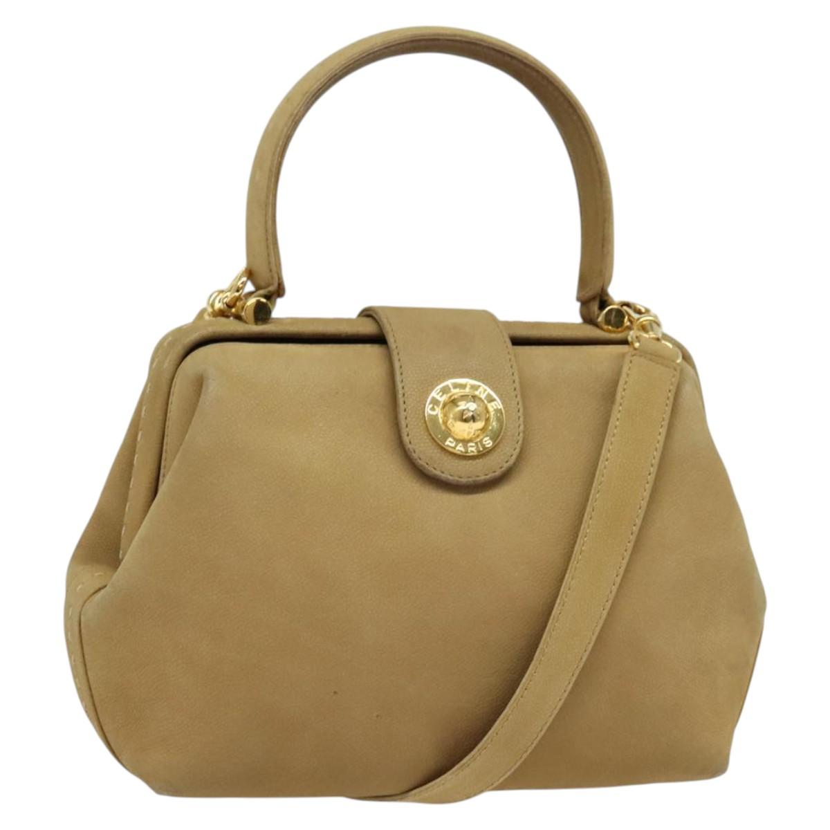 CELINE Hand Bag Leather 2way Beige Gold Auth sw1099