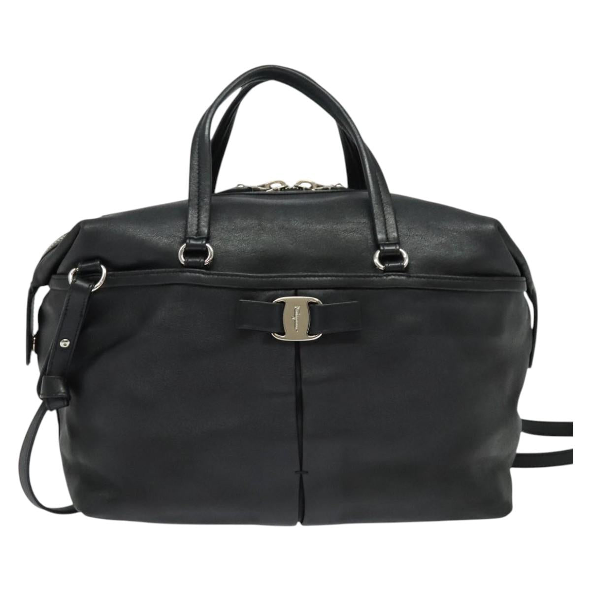 Salvatore Ferragamo Hand Bag Leather Black Silver Auth sw1115