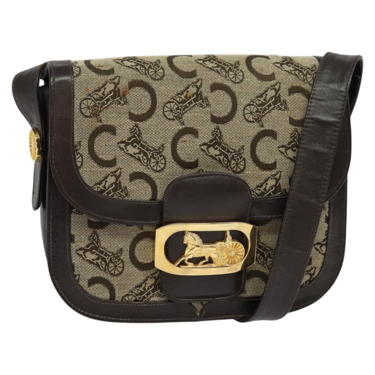 CELINE C Sulky Shoulder Bag Canvas Beige Gold Auth sw1120