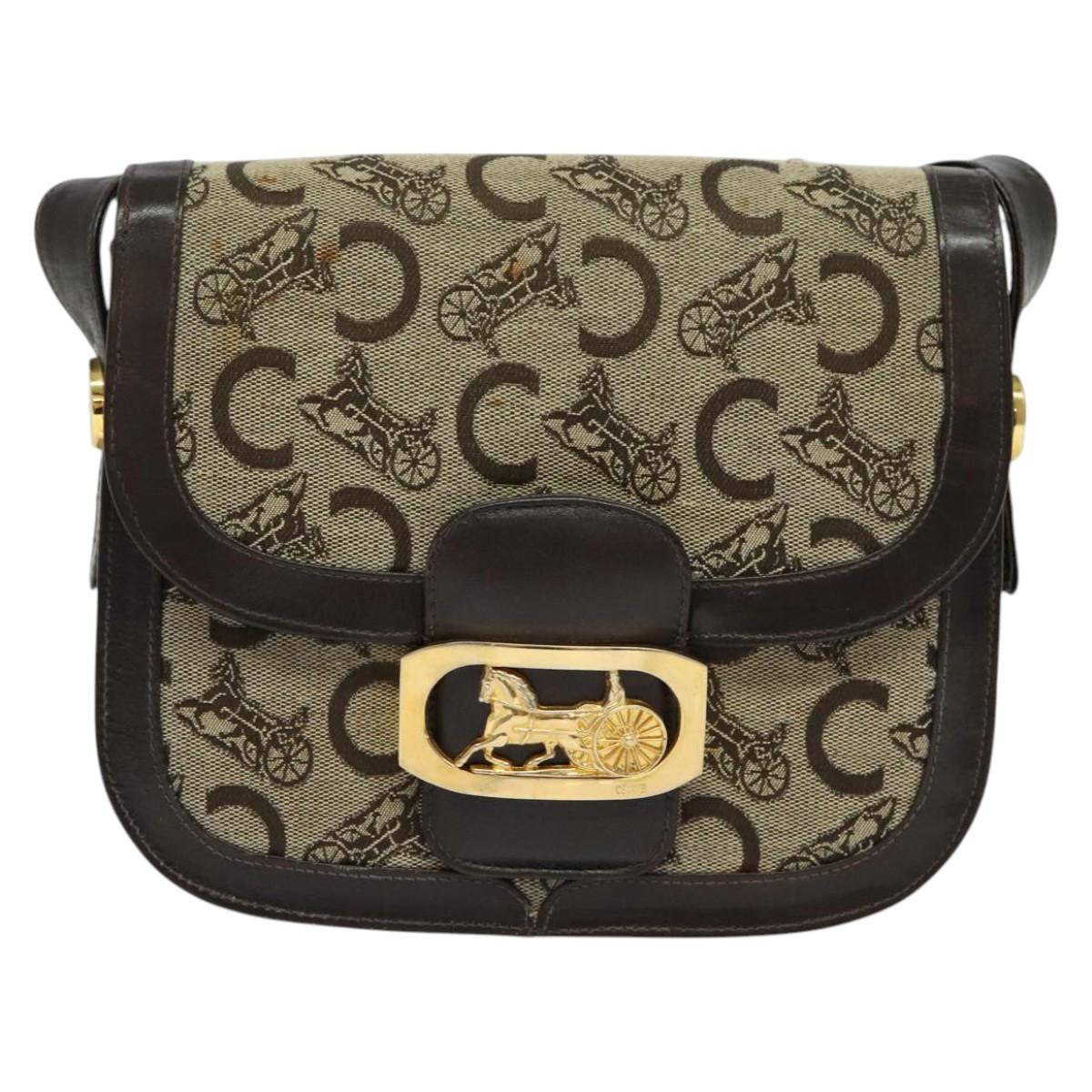CELINE C Sulky Shoulder Bag Canvas Beige Gold Auth sw1120