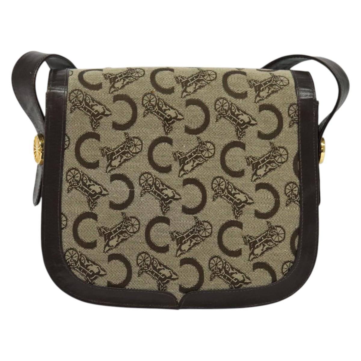 CELINE C Sulky Shoulder Bag Canvas Beige Gold Auth sw1120