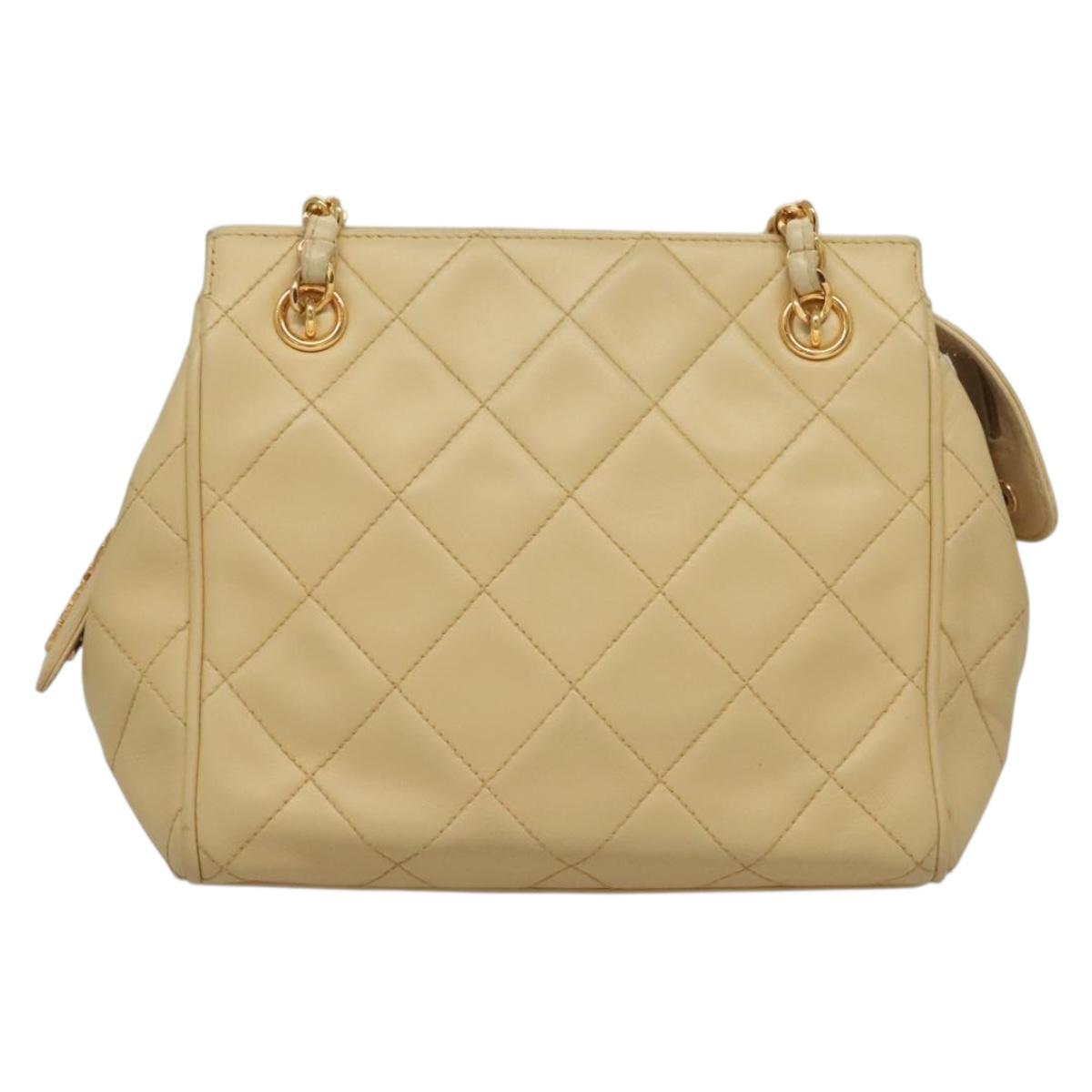 CHANEL Matelasse Chain Shoulder Bag Lamb Skin Beige Gold CC Auth sw1131