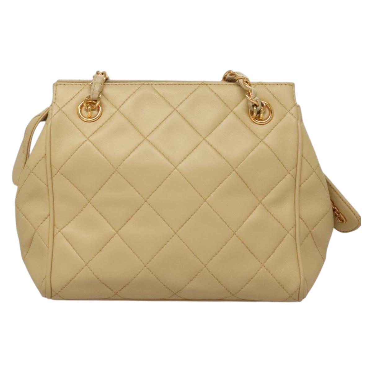 CHANEL Matelasse Chain Shoulder Bag Lamb Skin Beige Gold CC Auth sw1131