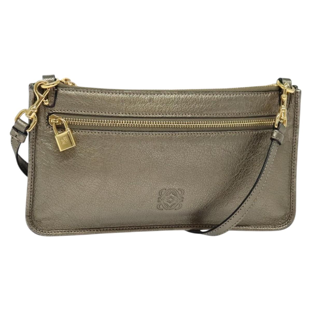 LOEWE Shoulder Pouch Leather Gold Auth sw1137
