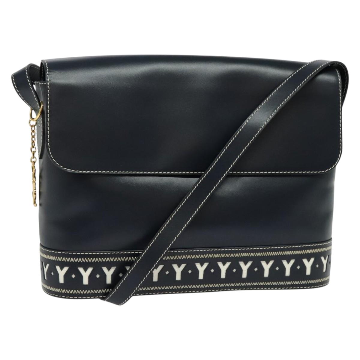 SAINT LAURENT Y Cut Shoulder Bag Leather Navy Gold Auth sw1140V