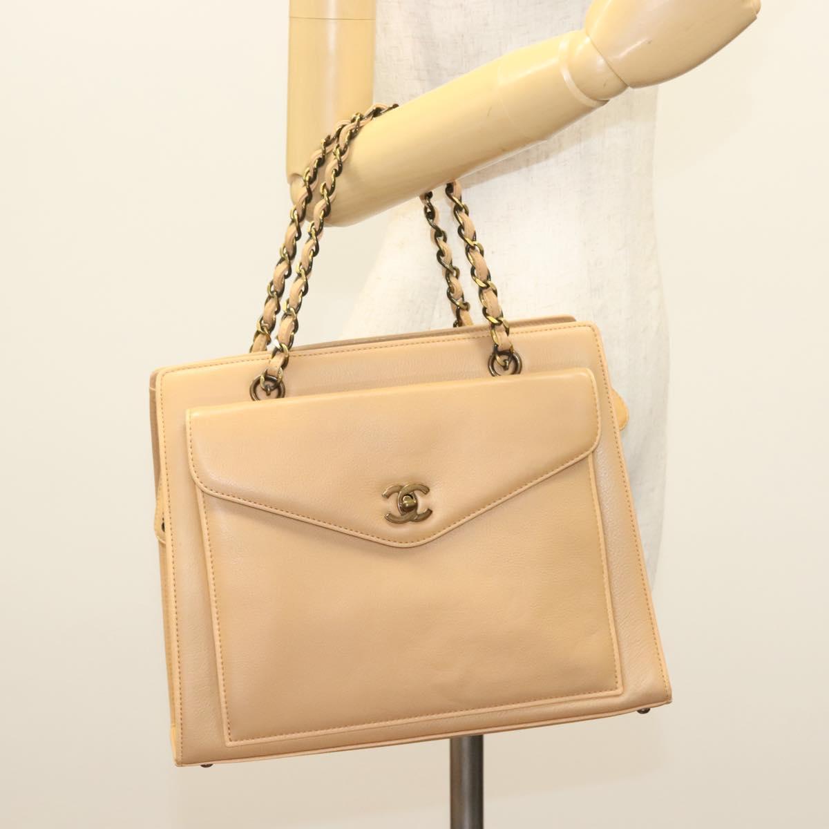 CHANEL Chain Tote Bag Leather Beige CC Auth sw1141