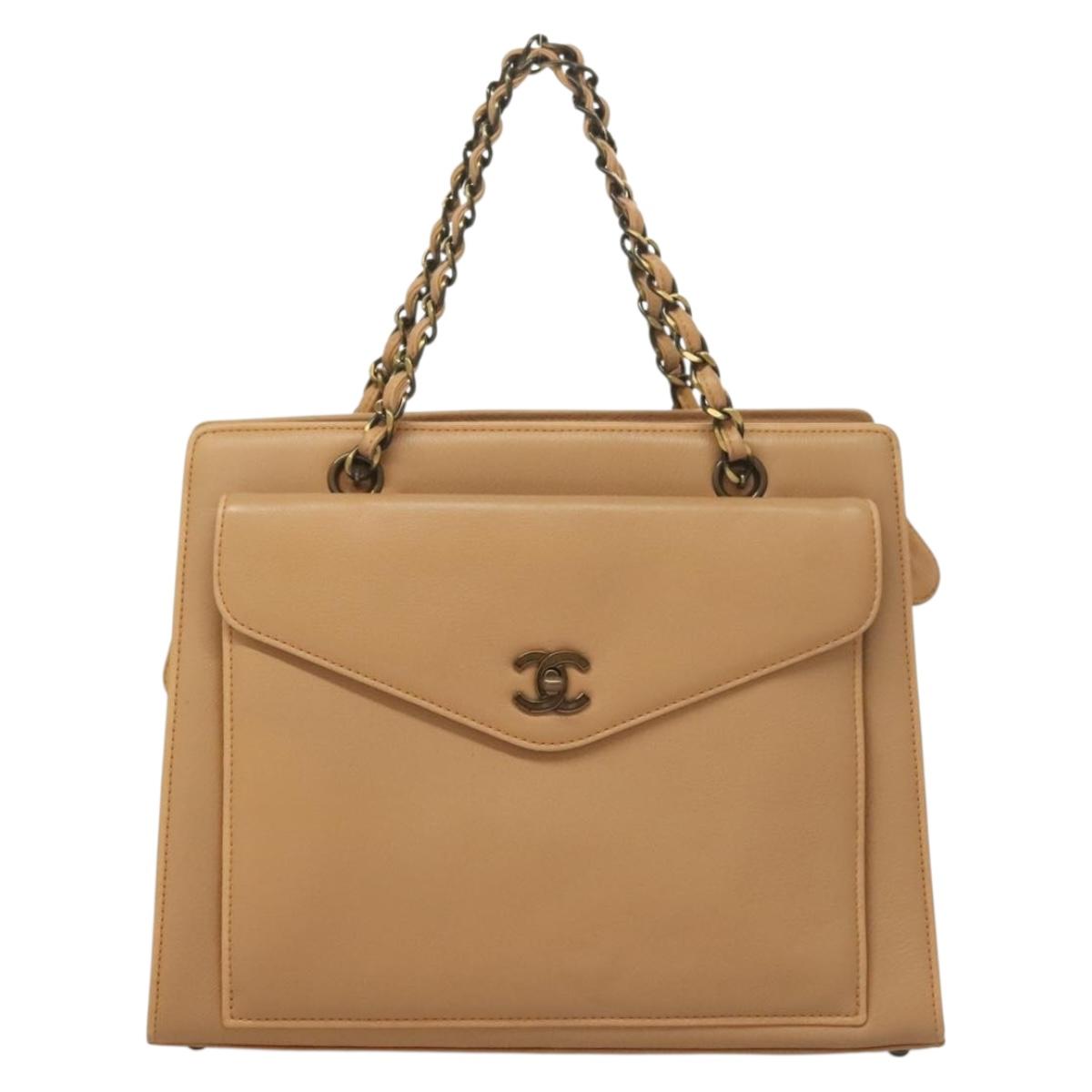 CHANEL Chain Tote Bag Leather Beige CC Auth sw1141