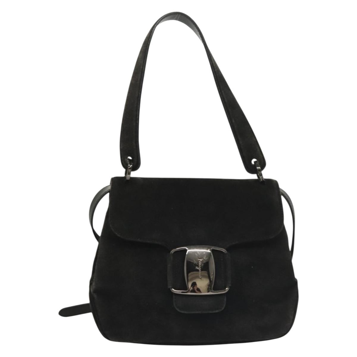 Salvatore Ferragamo Hand Bag Suede Black Silver Auth sw1146