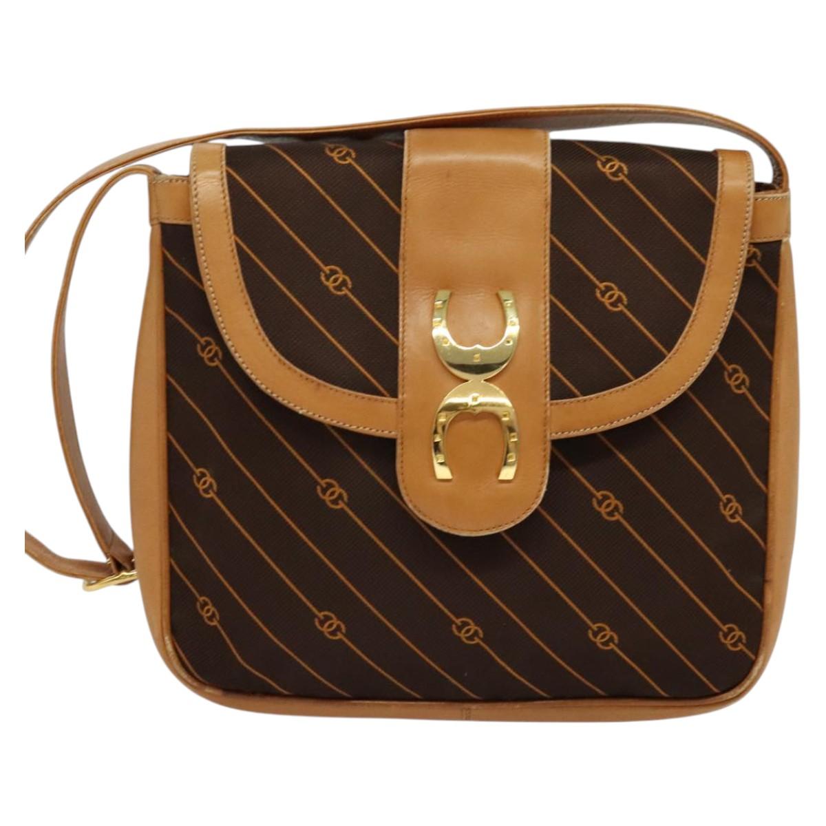 GUCCI Shoulder Bag Canvas Dark Brown Gold Auth sw1154
