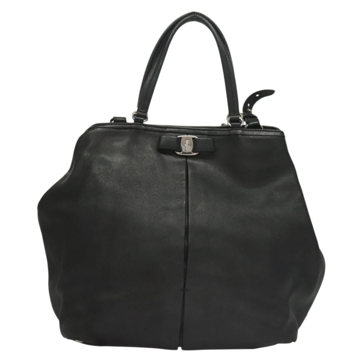 Salvatore Ferragamo Hand Bag Leather 2way Black Silver Auth sw1160
