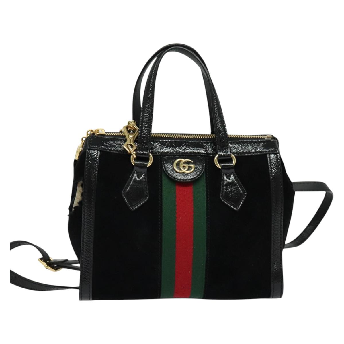 GUCCI Web Sherry Line Hand Bag Suede 2way Black Gold 547551 Auth sw1189