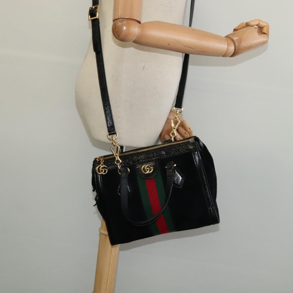GUCCI Web Sherry Line Hand Bag Suede 2way Black Gold 547551 Auth sw1189