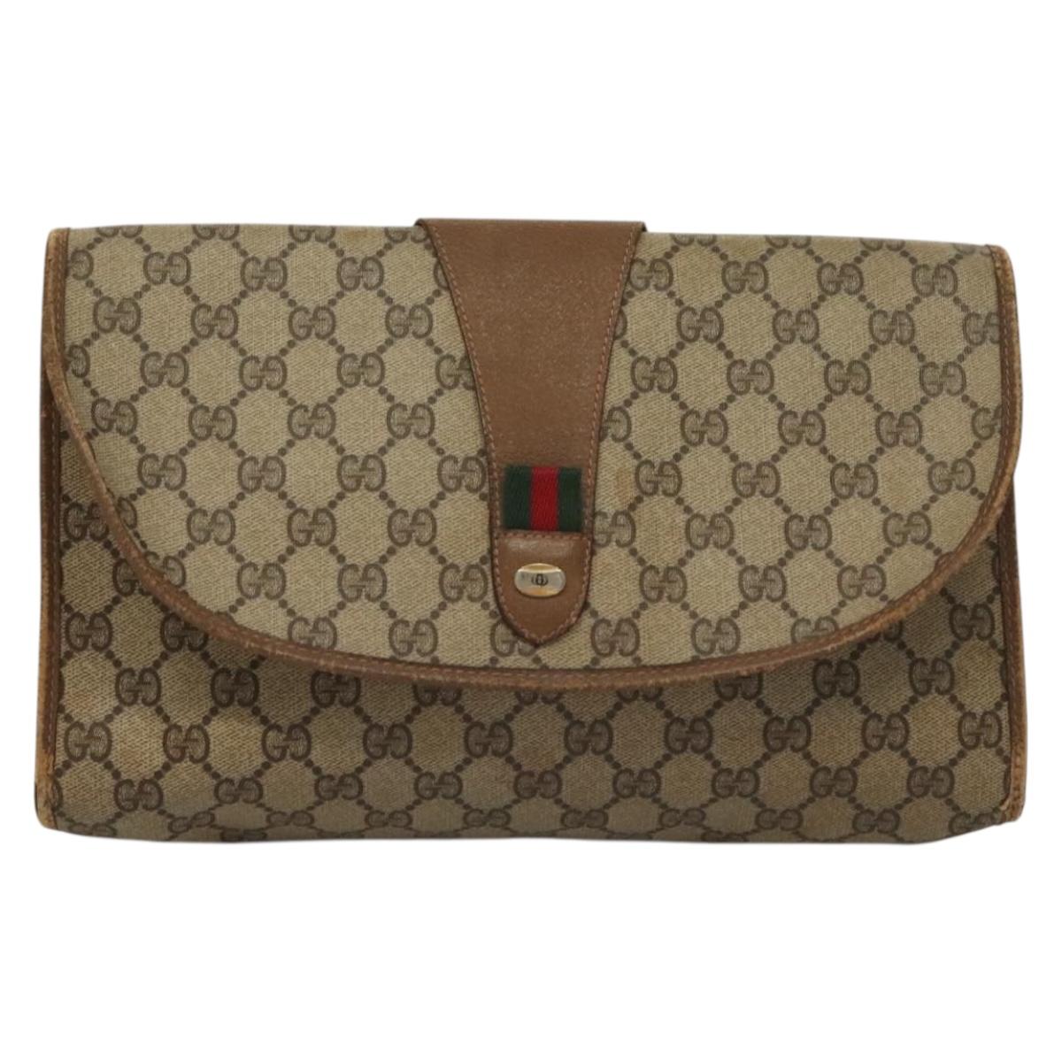 GUCCI GG Supreme Web Sherry Line Clutch Bag PVC Beige Gold 89 01 031 Auth sw1195