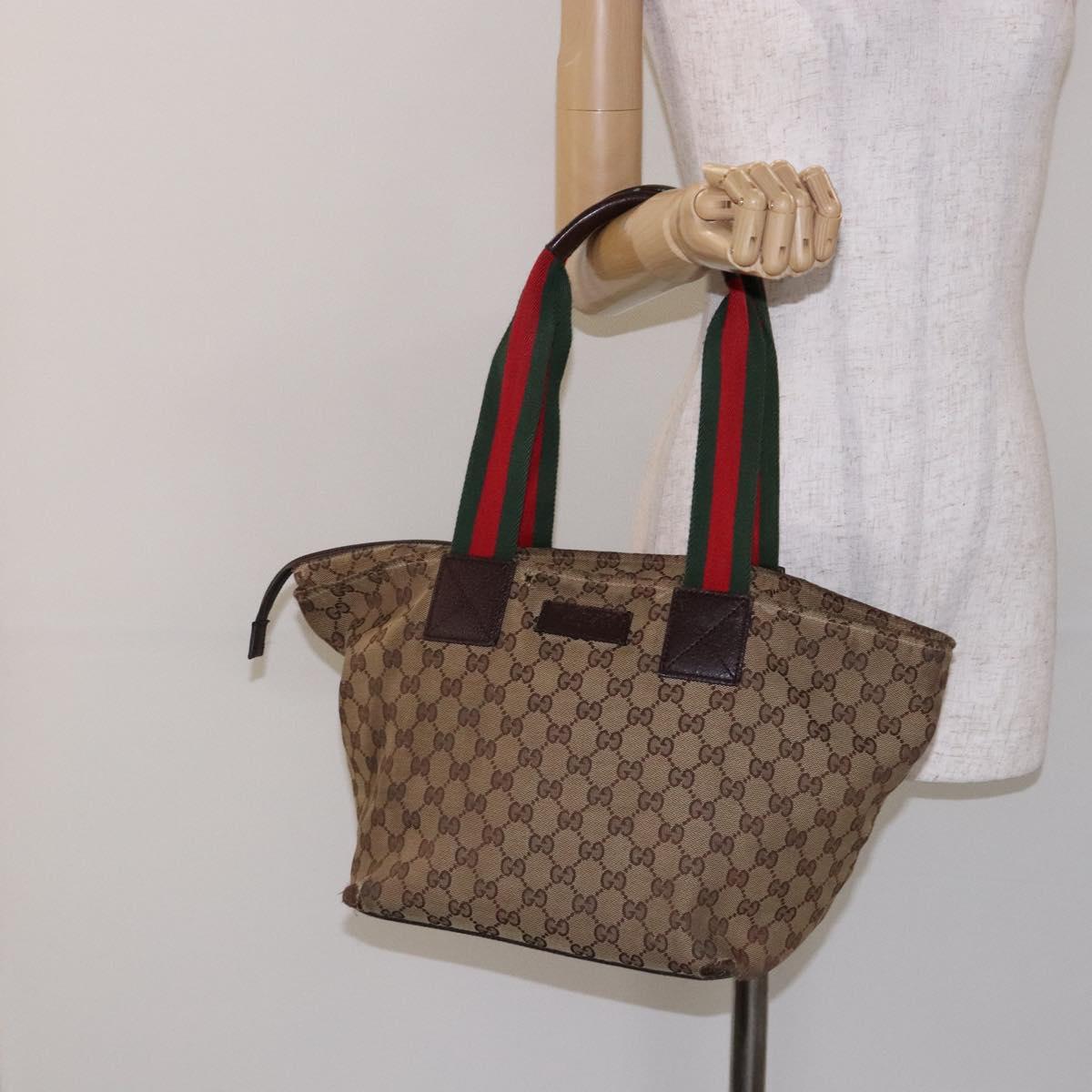 GUCCI GG Canvas Web Sherry Line Tote Bag Beige Silver 131230 Auth sw1202