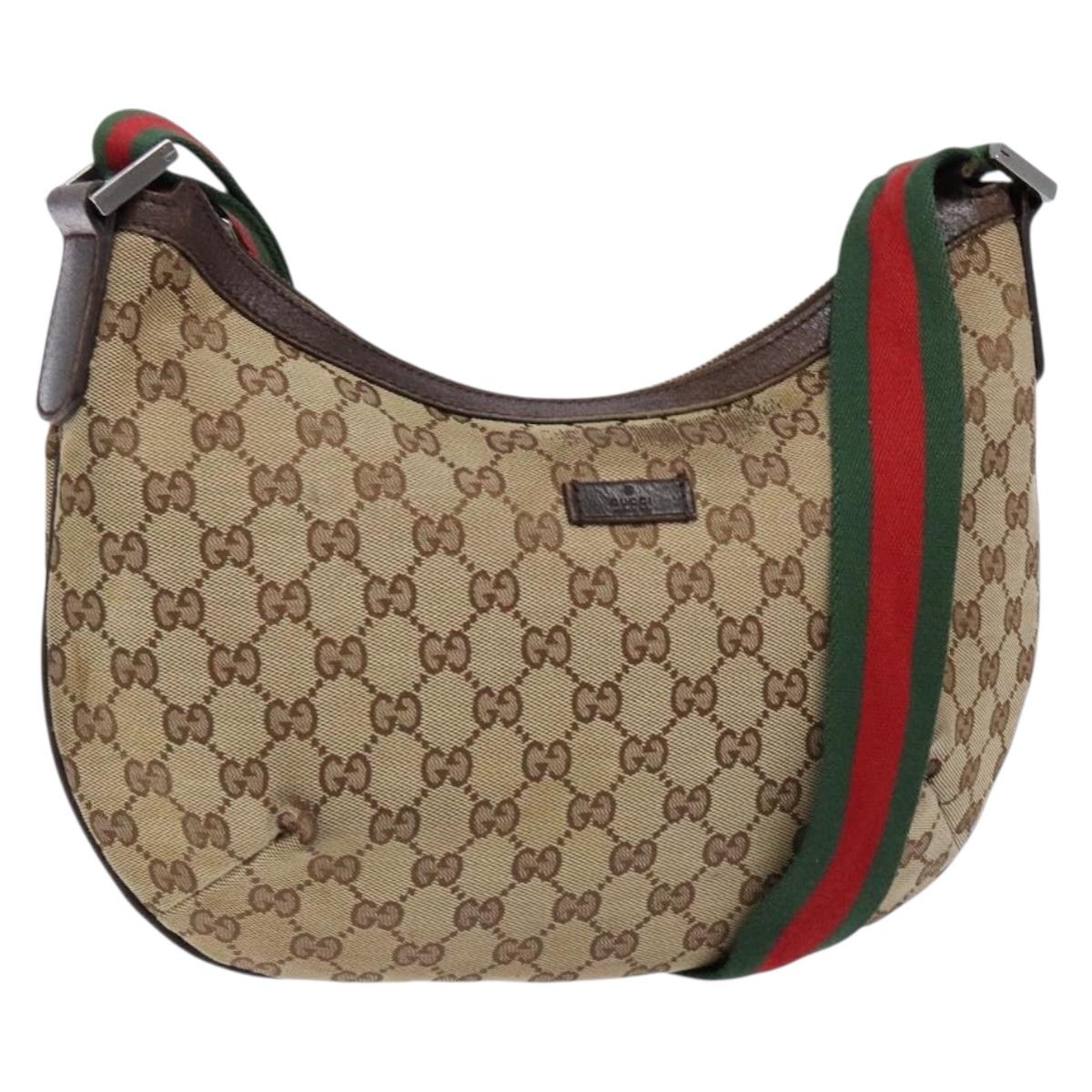 GUCCI GG Canvas Web Sherry Line Shoulder Bag Beige Silver 181092 Auth sw1203