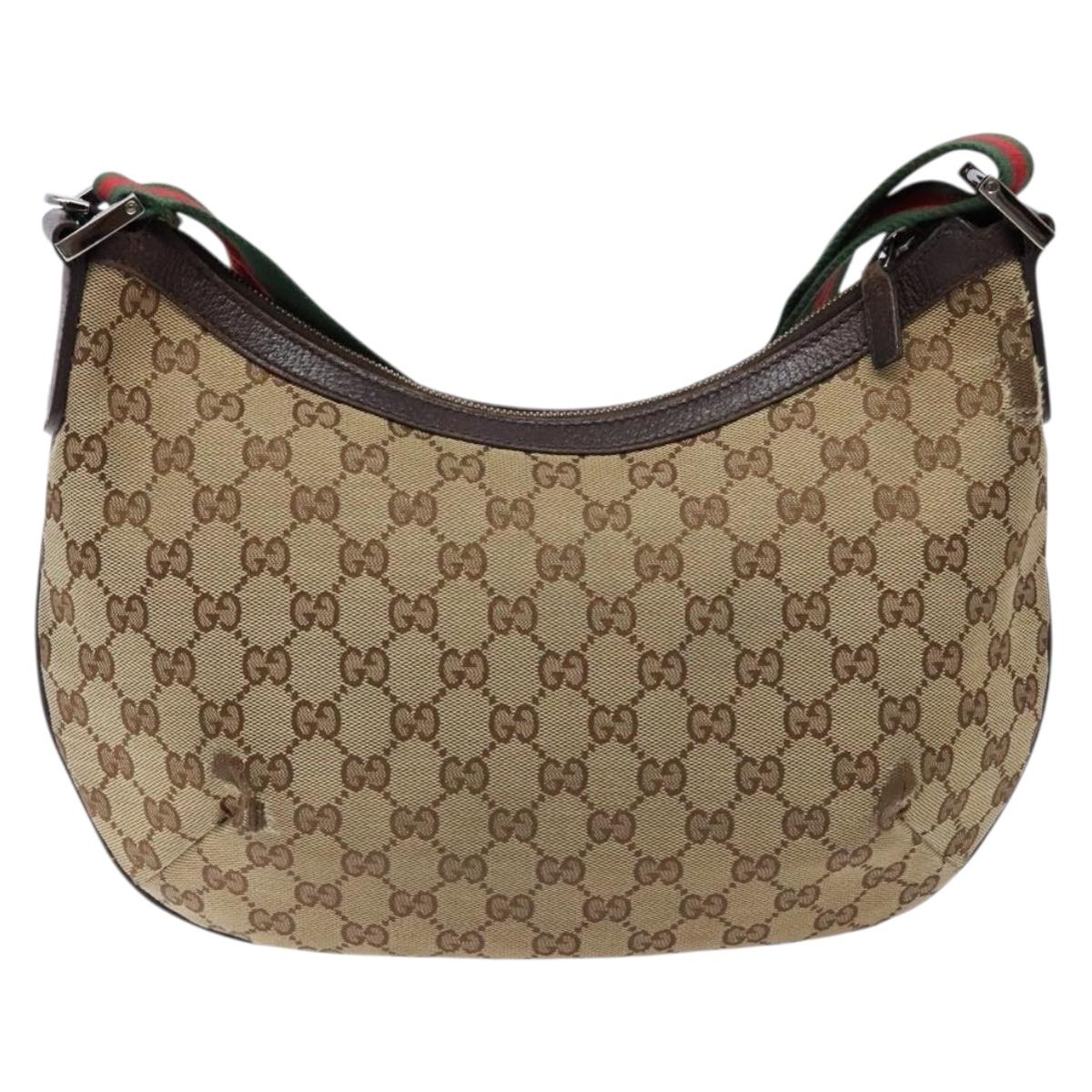 GUCCI GG Canvas Web Sherry Line Shoulder Bag Beige Silver 181092 Auth sw1203