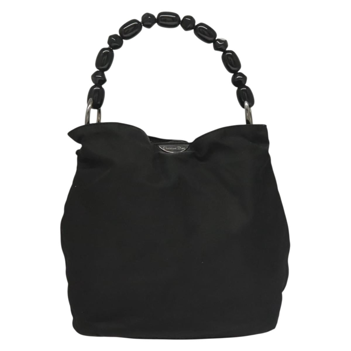 Christian Dior Maris Pearl Hand Bag Nylon Black Silver Auth sw1224