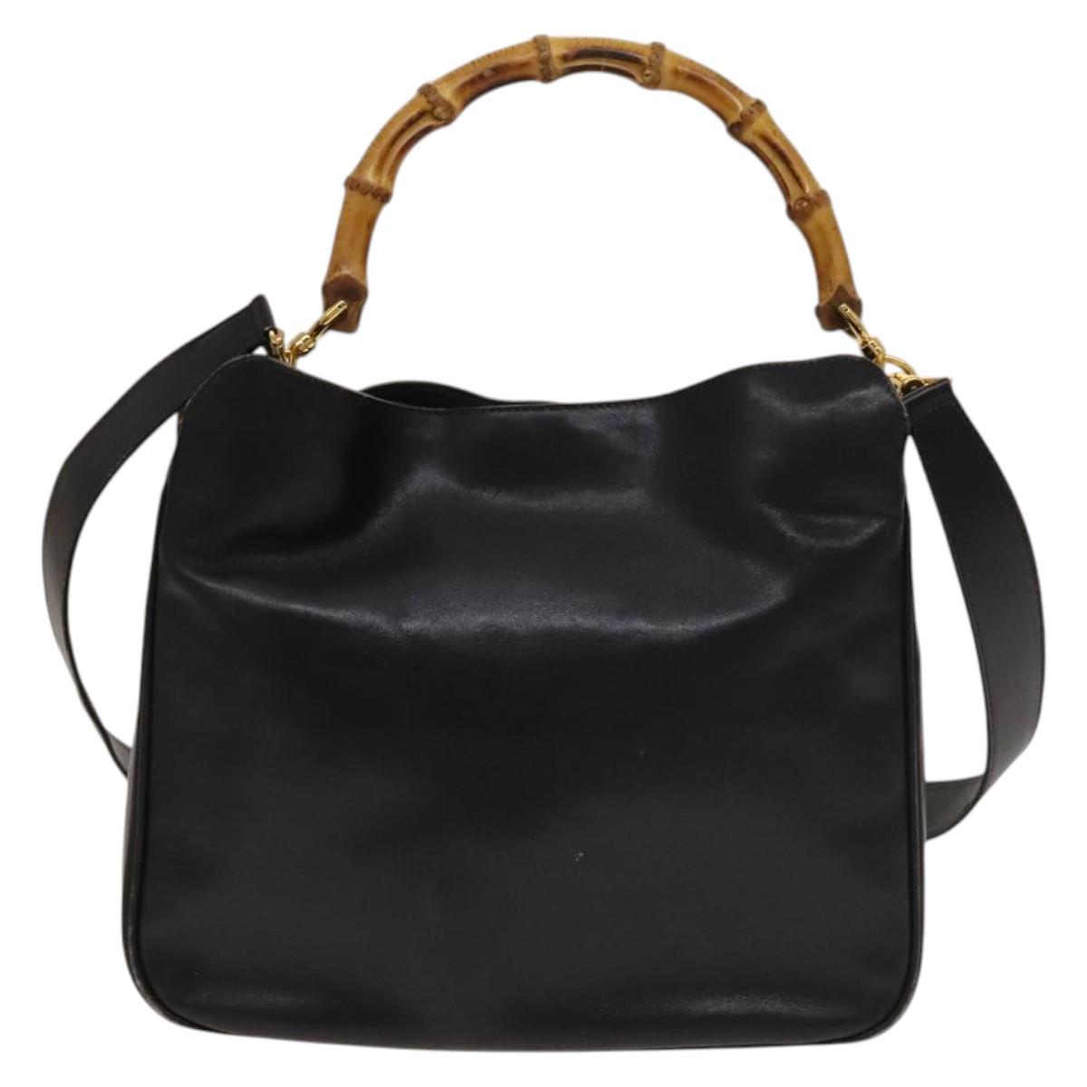 GUCCI Bamboo Hand Bag Leather 2way Black Gold 001 2113 1638 Auth sw1235
