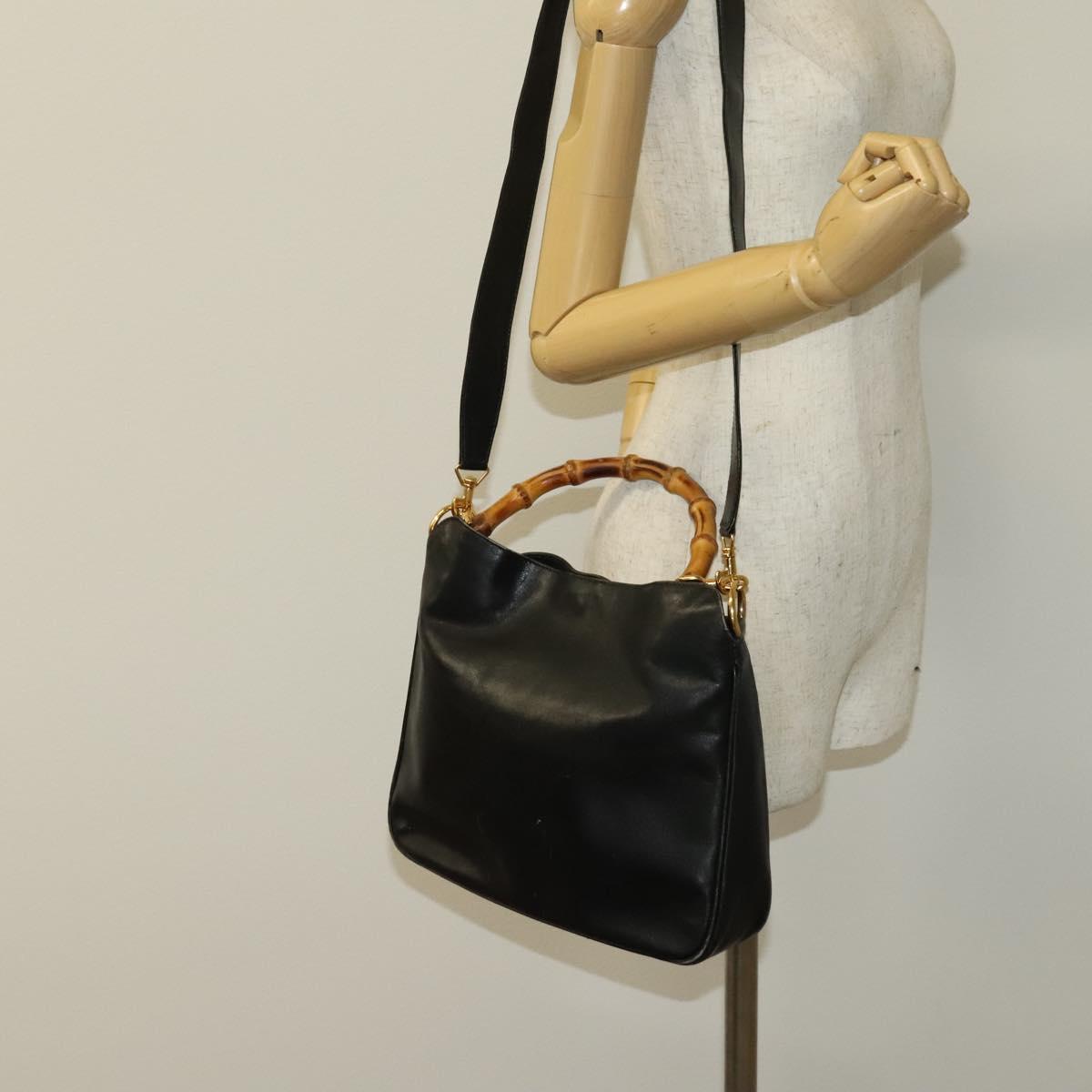 GUCCI Bamboo Hand Bag Leather 2way Black Gold 001 2113 1638 Auth sw1235