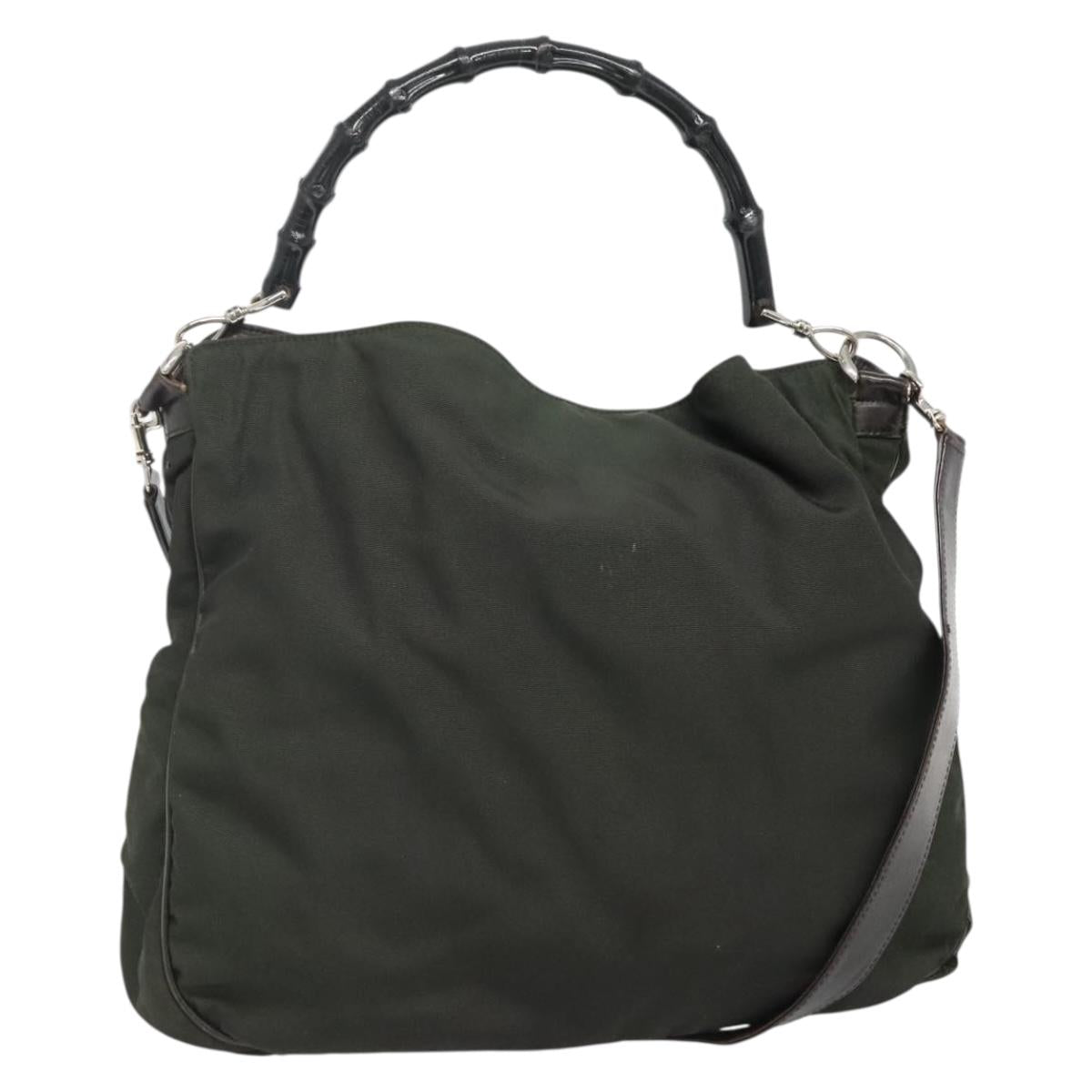 GUCCI Bamboo Hand Bag Nylon 2way Khaki Silver 001 1577 2123 Auth sw1236