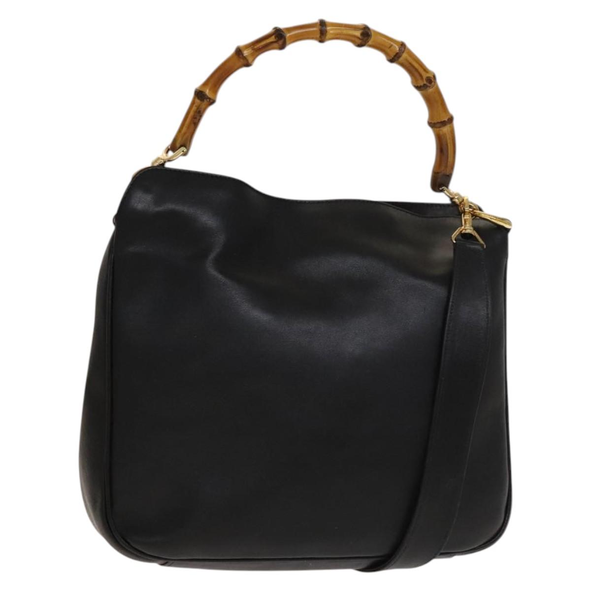 GUCCI Bamboo Hand Bag Leather 2way Black Gold 001 1638 Auth sw1242