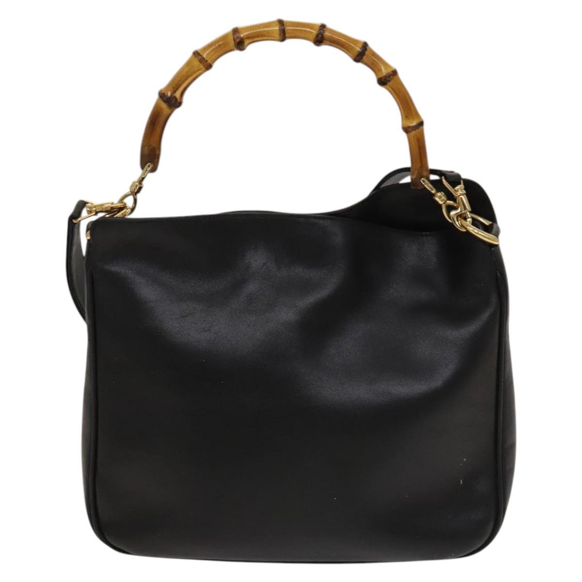 GUCCI Bamboo Hand Bag Leather 2way Black Gold 001 1638 Auth sw1242