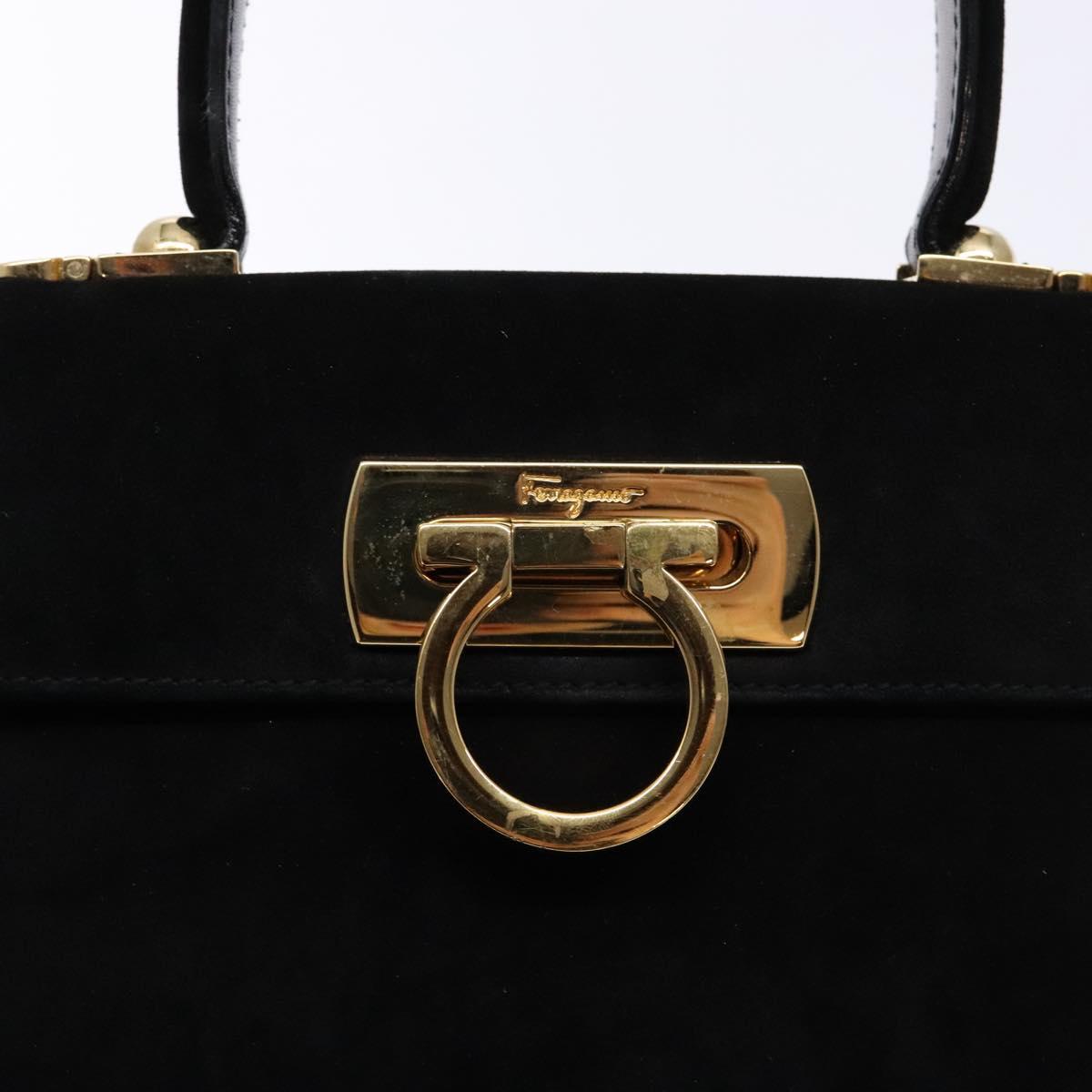 Salvatore Ferragamo Hand Bag Suede Black Gold Auth sw1248