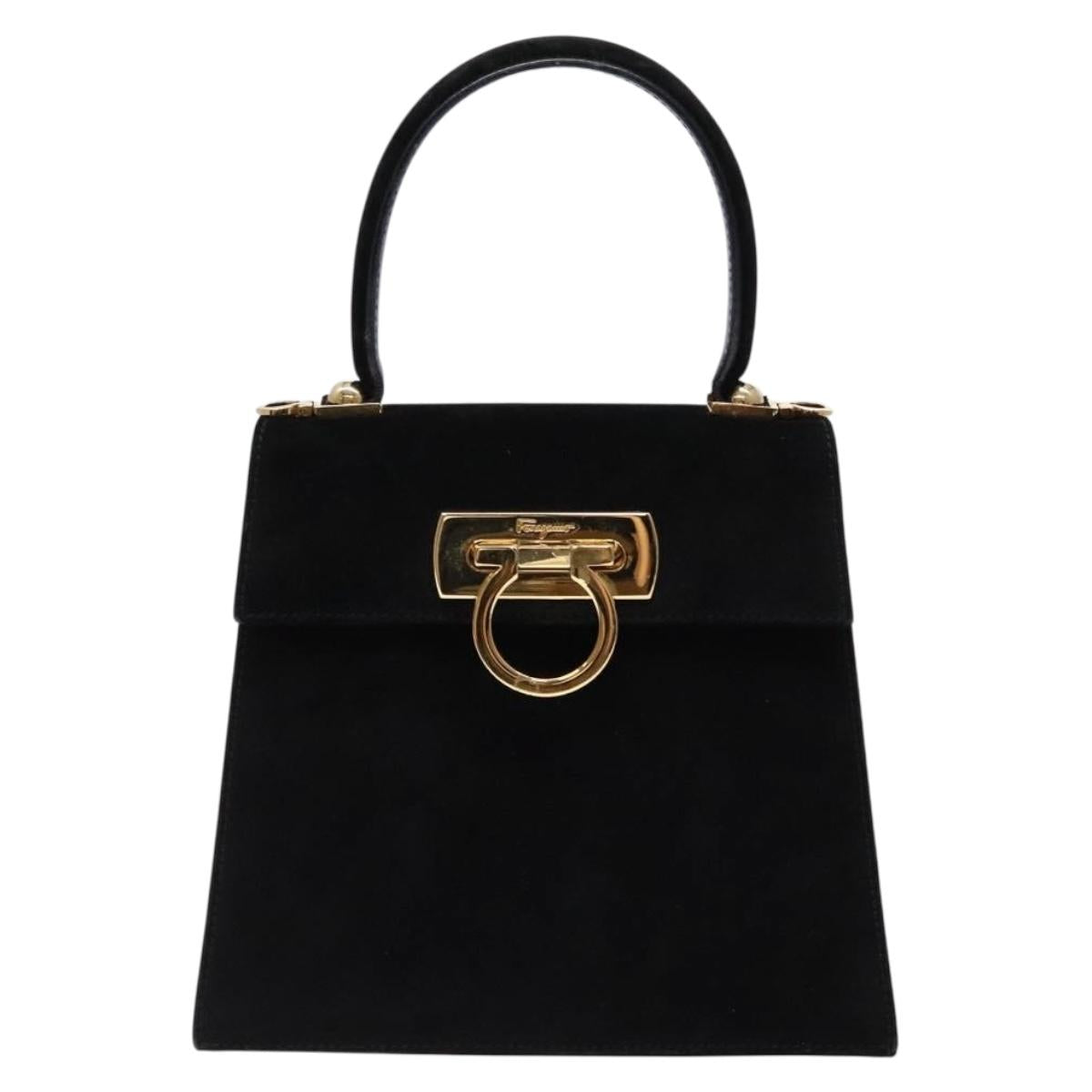 Salvatore Ferragamo Hand Bag Suede Black Gold Auth sw1248