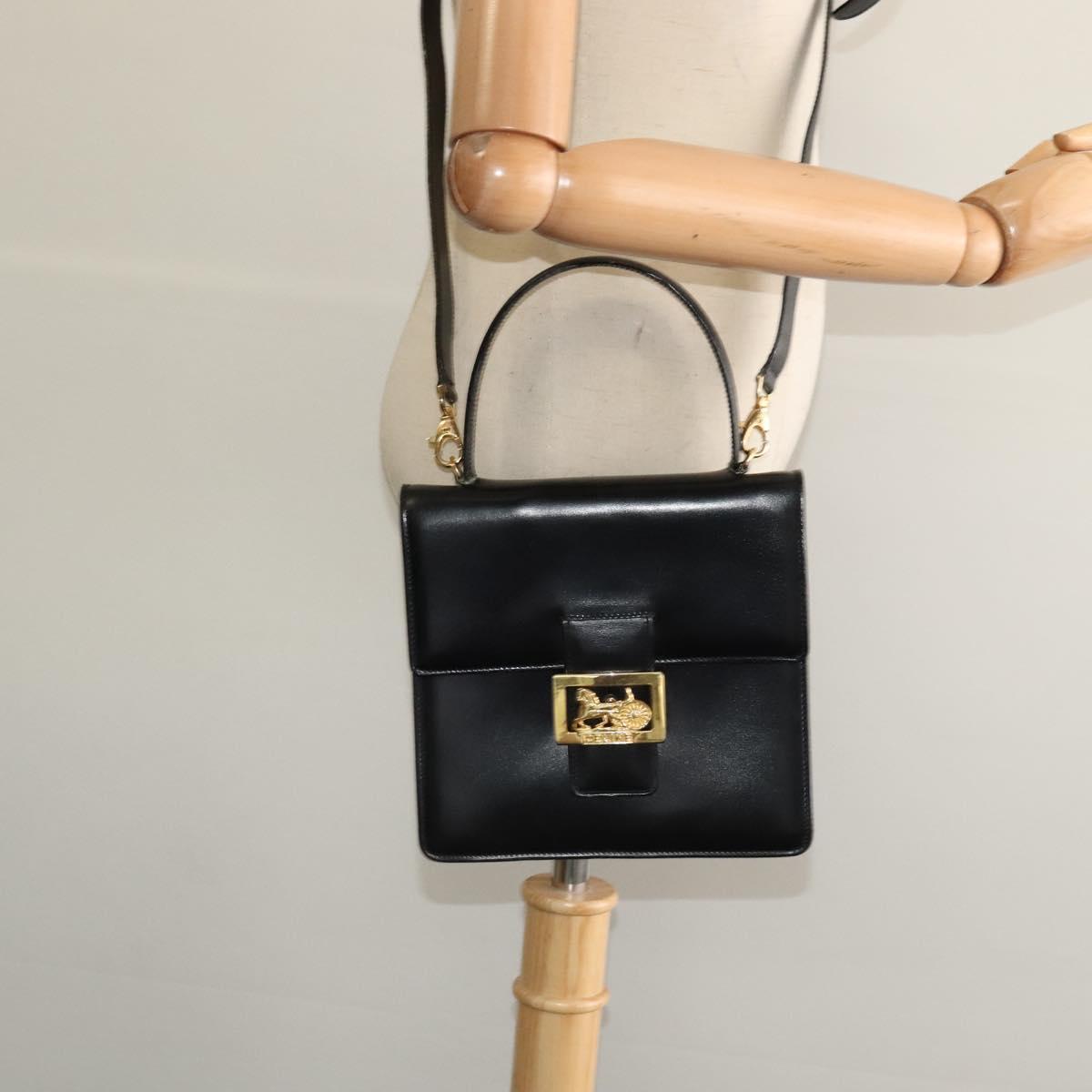 CELINE Hand Bag Leather 2way Black Gold Auth sw1250